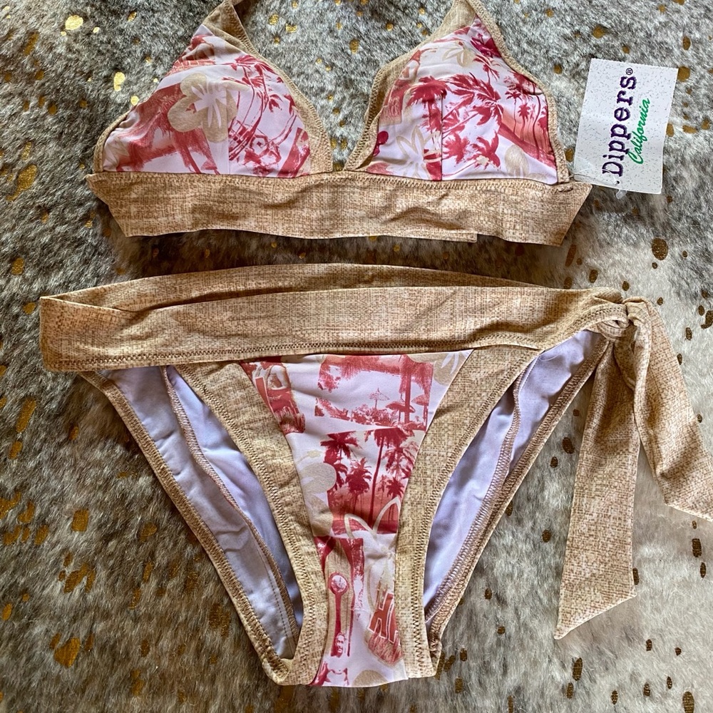 Bikini Set, Tropical Print, Red & Tan, NWT, M - L